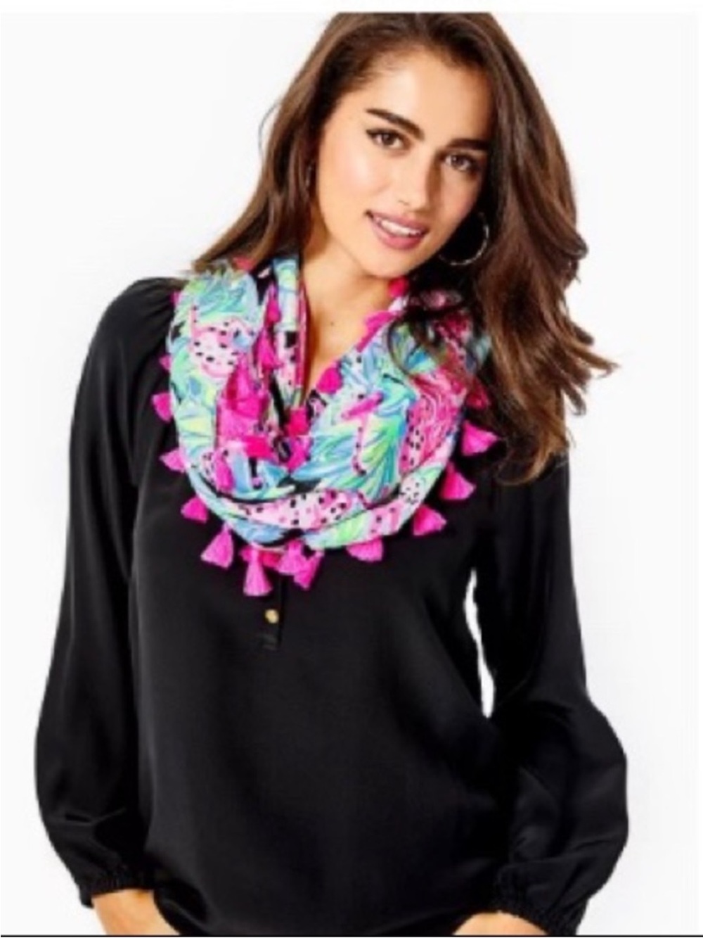 Lilly Pulitzer Tropical Print Infinity Scarf Pink Tassel Pom Trim Animal Print